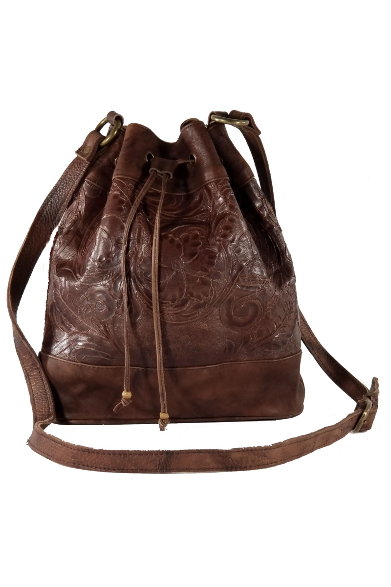 (image for) Tulsa Hand Tooled Soft Leather Draw String Cross Body Bag